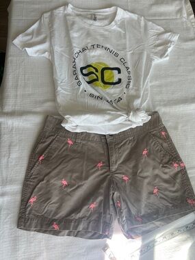 Old Navy Khaki Shorts with Pink Flamingo Embroidery